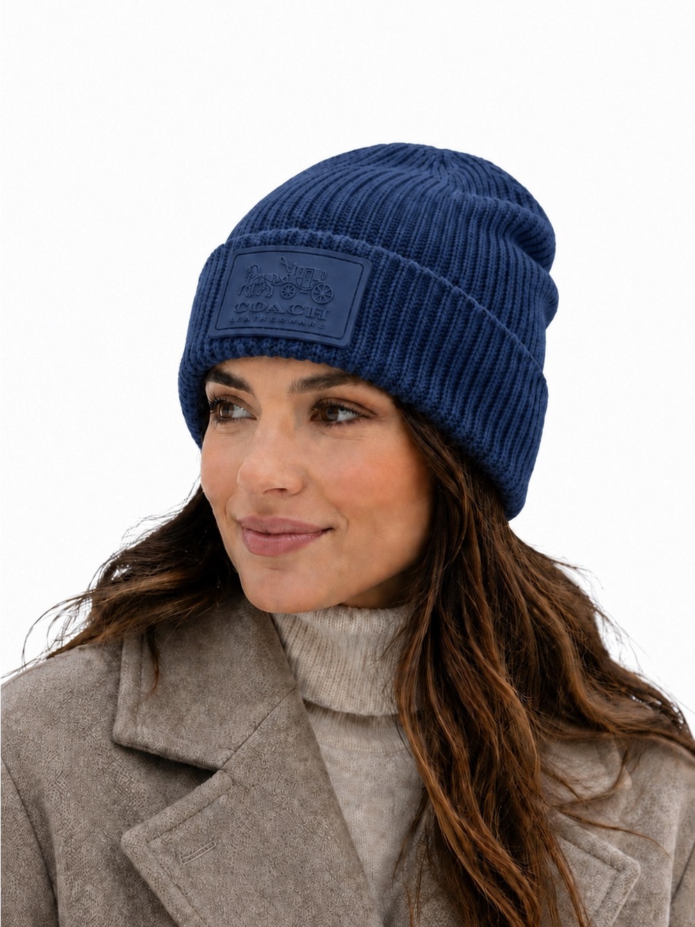 Coach Navy Blue Ribbed Wool Blend Tonal Patch Beanie Hat OS NWOT